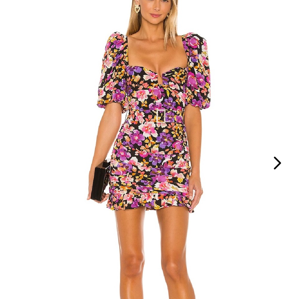 Lovers & Friends Floral Puff Sleeve Mini Dress in Black and Purple Sz XXS